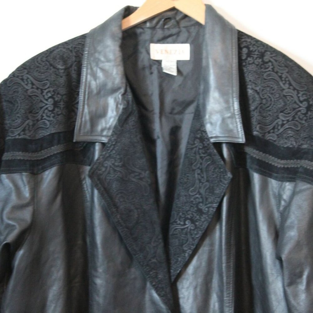 Vintage Venezia Lane Bryant Long Leather Embroidered Coat Black Plus 3X H12284 - Picture 3 of 8